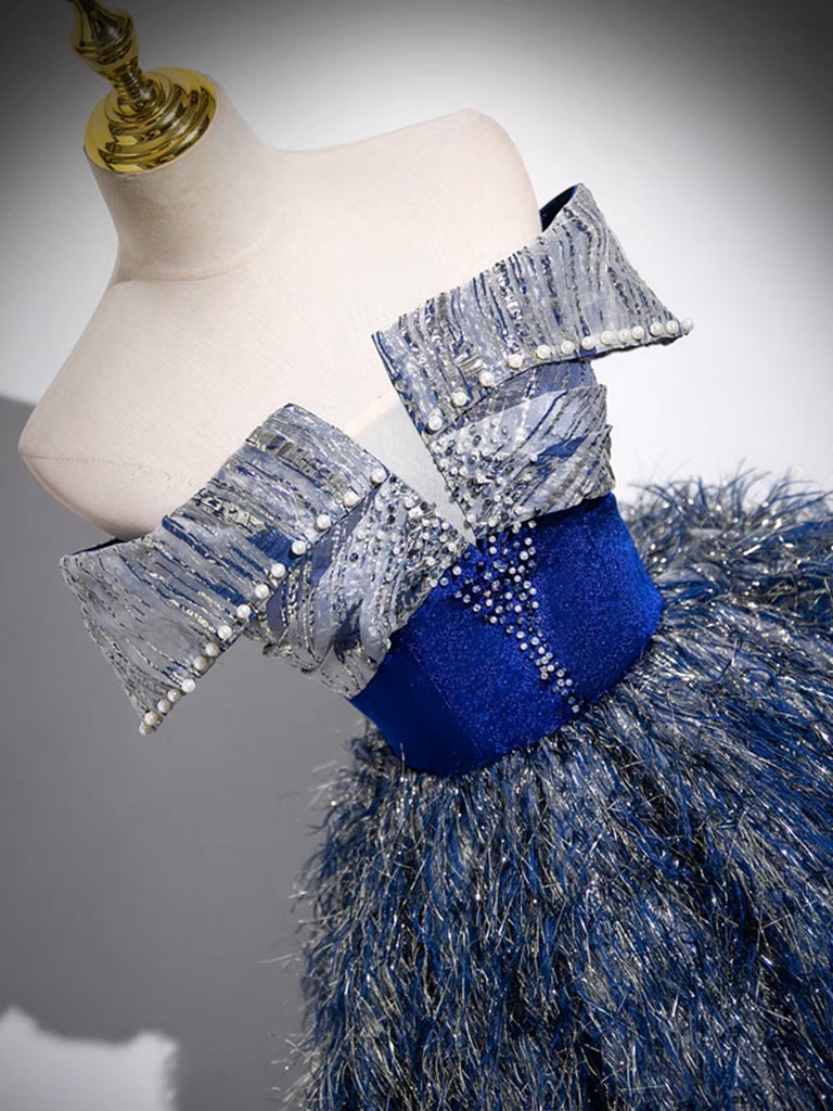 Unique A-Line Shiny Sequin Blue Long Prom Gown, Blue Long Evening Dress