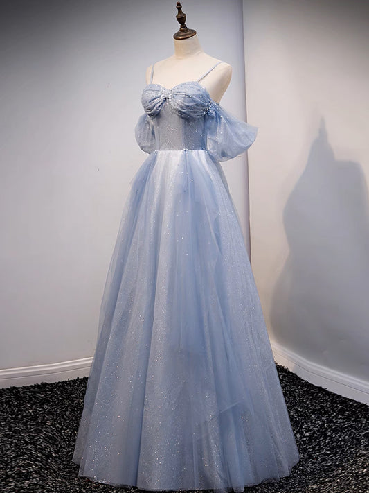 A-Line Off Shoulder Tulle Gray Blue Long Prom Dress, Gray Blue Long Formal Dress