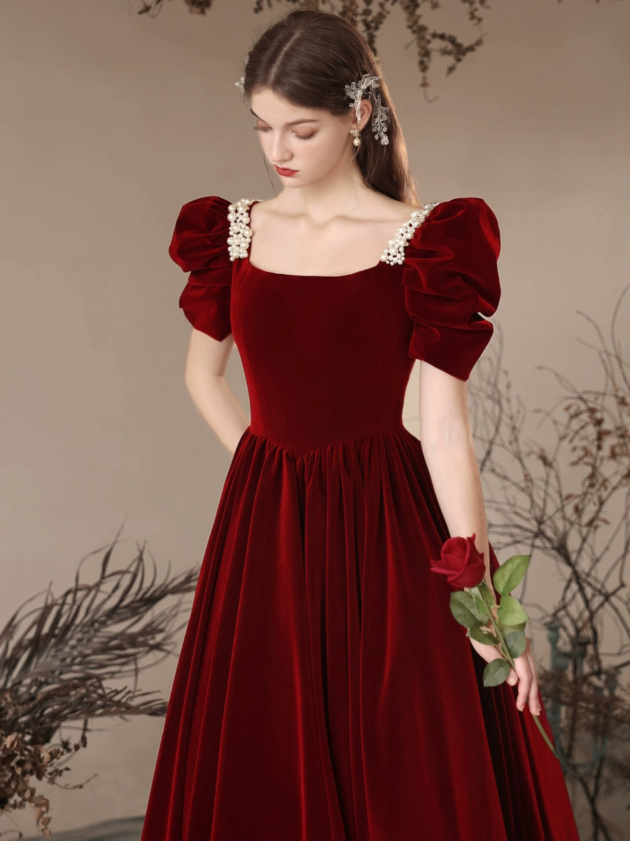 A- Line Velvet Burgundy Long Prom Dress, Burgundy Long Formal Dress