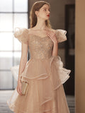 Champagne Tulle Sequin Long Prom Dress, Champagne Sequin Long Formal Dress