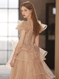 Champagne Tulle Sequin Long Prom Dress, Champagne Sequin Long Formal Dress