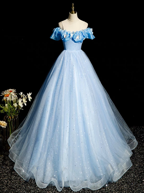 A-Line Off Shoulder Tulle Blue Long Prom Dress, Blue Long Formal Dress