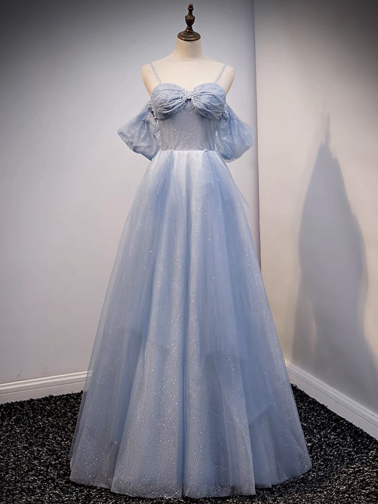 A-Line Off Shoulder Tulle Gray Blue Long Prom Dress, Gray Blue Long Formal Dress