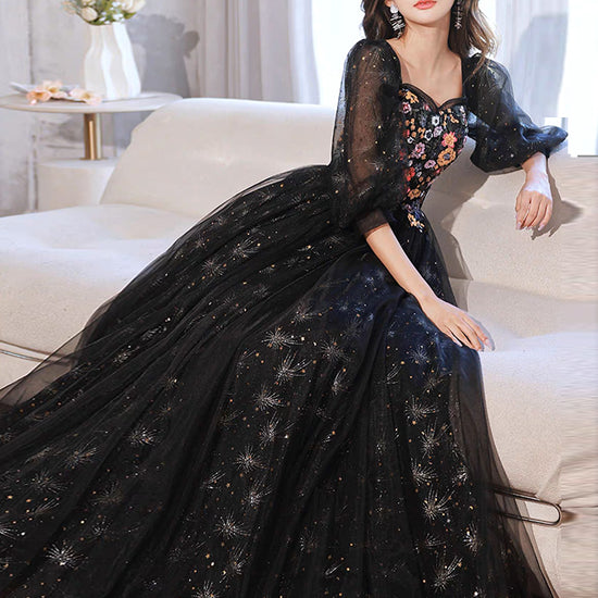 A-Line long sleeves Tulle Lace Black Long Prom Dress, Black Lace Long dresstby A-Line long sleeves Tulle Lace Black Long Prom Dress, Black Lace Long dresstby