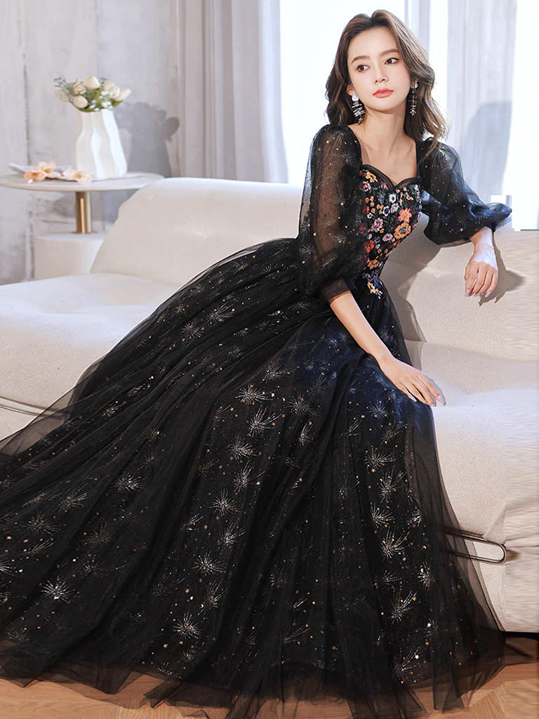 A-Line long sleeves Tulle Lace Black Long Prom Dress, Black Lace Long