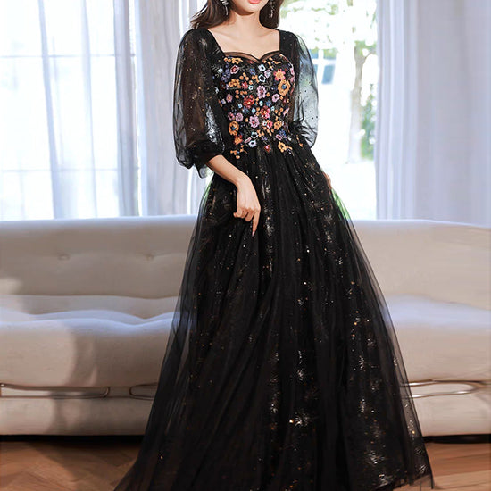 long lace formal black evening dress product info and reviews A-Line long sleeves Tulle Lace Black Long Prom Dress, Black Lace Long –  dresstby