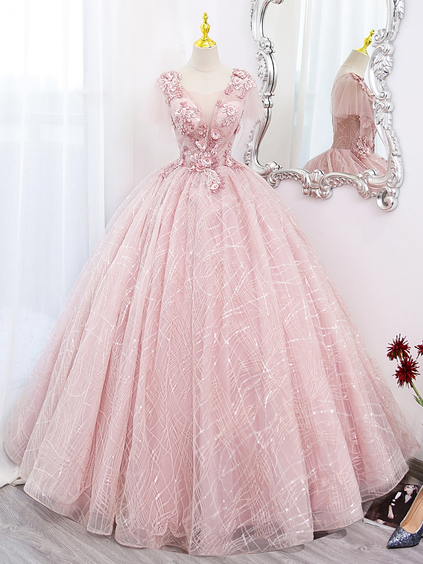 A-Line Tulle Lace Applique Pink Long Prom Dress, Pink Lace Sweet 16 Dress