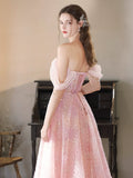A-Line Tulle Lace Off Shoulder Pink Long Prom Dress, Pink Lace Long Graduation Dress