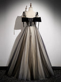 A-Line Off Shoulder Tulle Black Long Prom Dress, Black Long Formal Dress