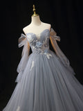 Gray A-Line Tulle Lace Long Prom Dress, Shiny Tulle Lace Formal Dress