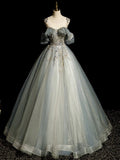A-Line Round Neck Tulle Gray Blue Long Prom Dress, Tulle Sequin Lace Long Evening Dress