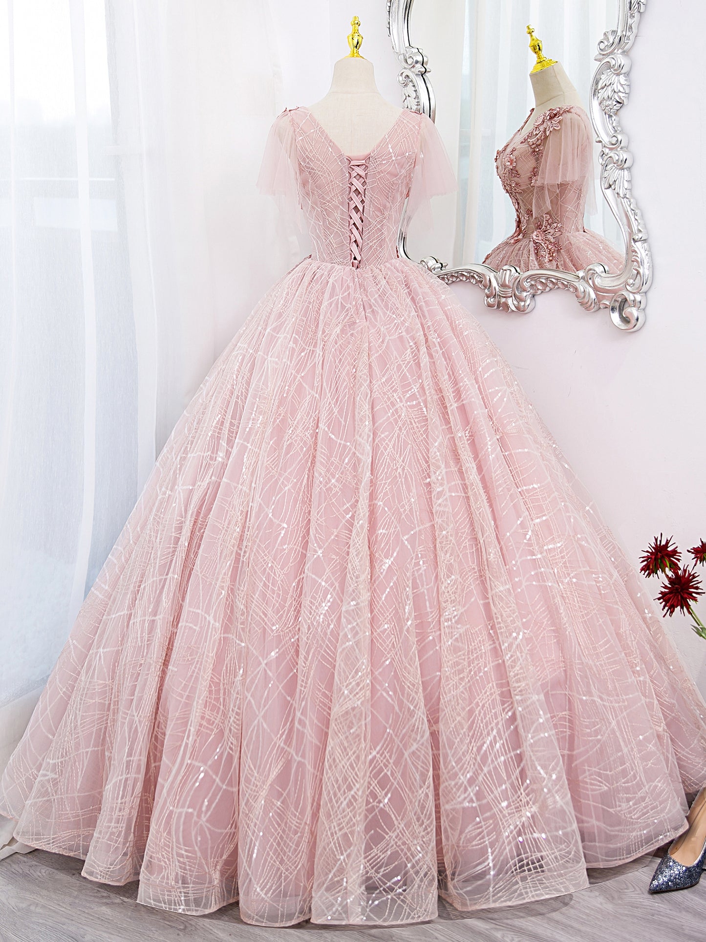 A-Line Tulle Lace Applique Pink Long Prom Dress, Pink Lace Sweet 16 Dr dresstby A-Line Tulle Lace Applique Pink Long Prom Dress, Pink Lace Sweet 16 Dr dresstby