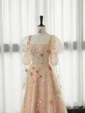 A-Line Long Sleeves Champagne Pink Long Prom Dress, Sequin Beads Long Formal Dress