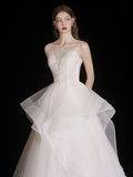 White Tulle Beads Long Prom Dress, White Tulle Long Formal Dresses