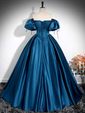 A-Line Puff Sleeves Satin Peacock Blue Long Prom Dress, Peacock Blue Long Formal Dress