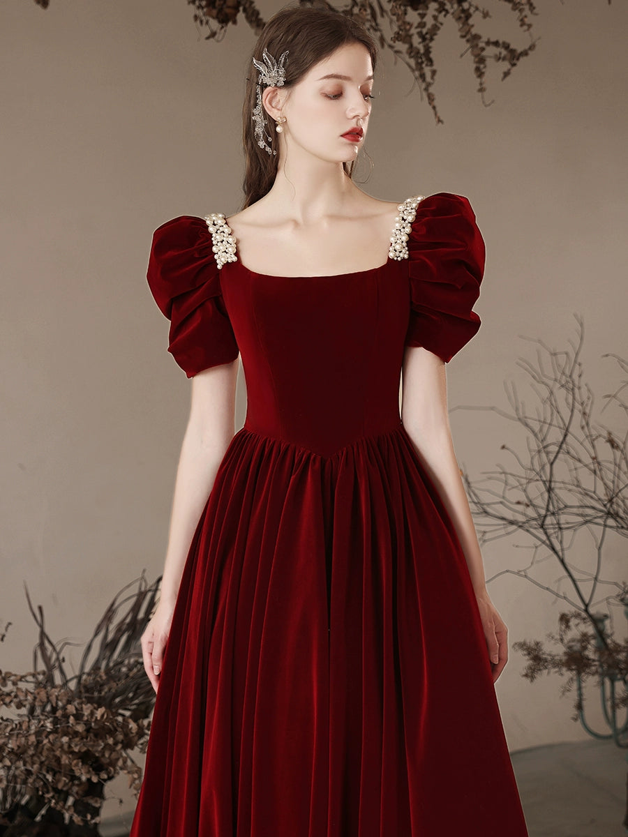 A- Line Velvet Burgundy Long Prom Dress, Burgundy Long Formal Dress