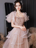 A-Line Tulle Sequin Pink Long Prom Dress, Shiny Sequin Pink Long Evening Dress