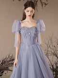 A-Line Sweetheart Neck Tulle Beads Blue Long Prom Dress, Blue Long Evening Dress