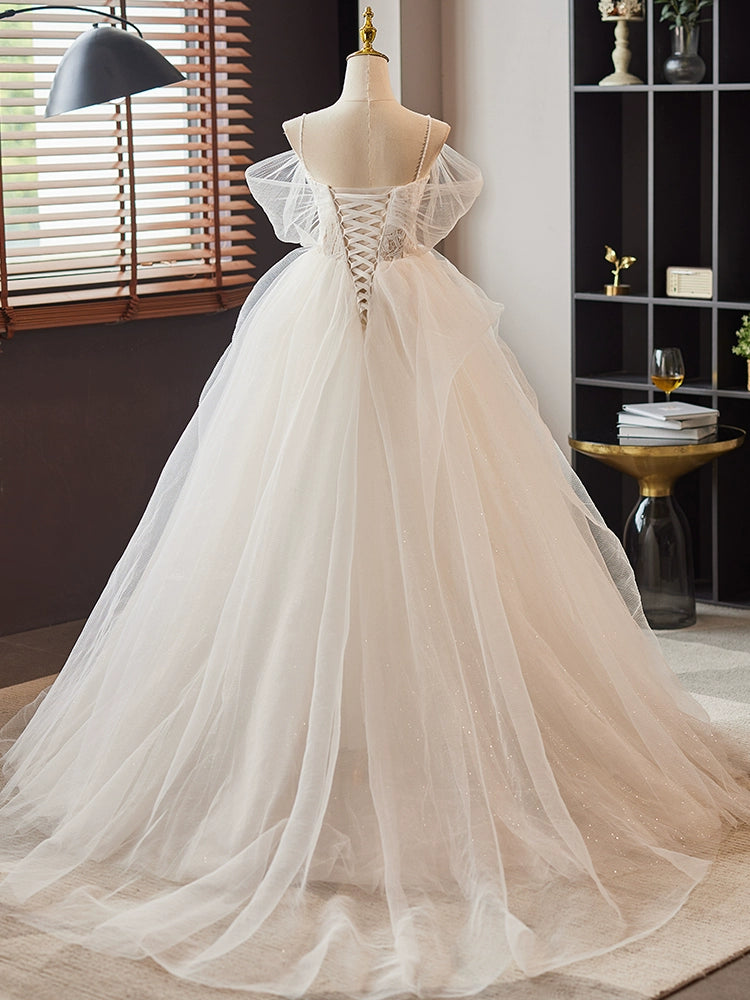 White A-Line Sweetheart Neck Lace Tulle Long Prom Dress, White Long Formal Dress