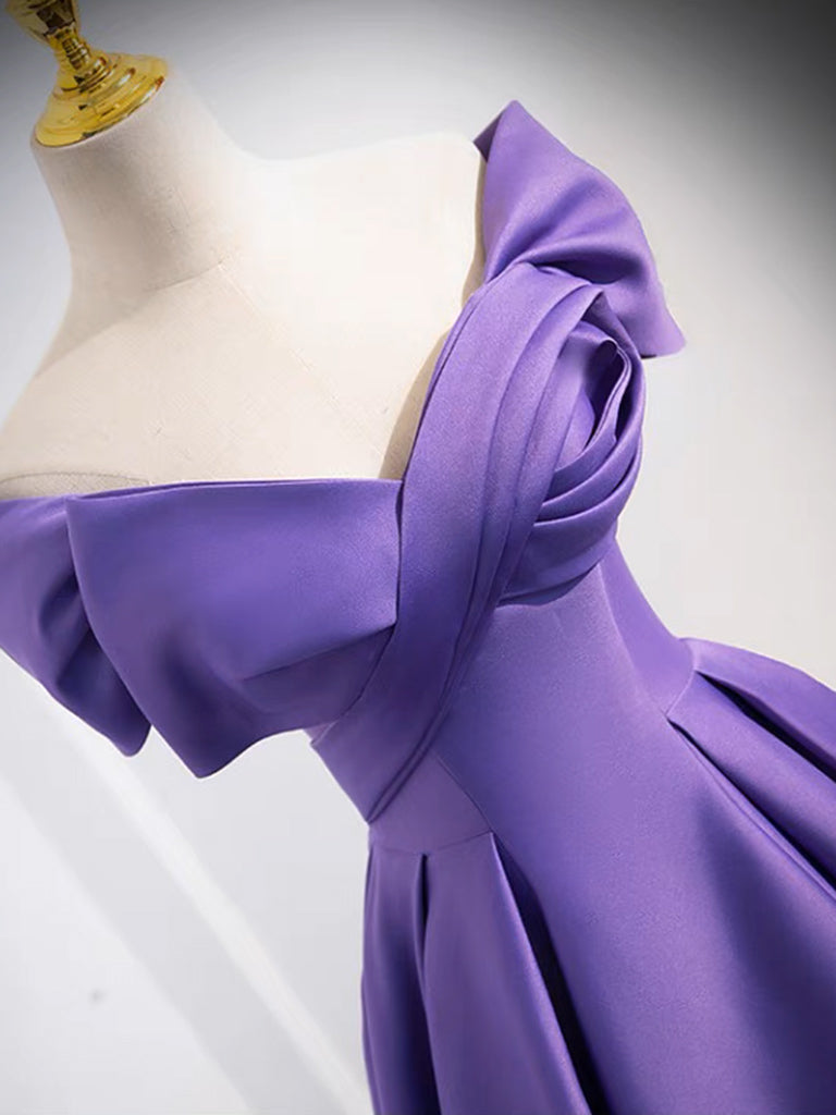 Simple Off Shoulder Satin Purple Long Prom Dress, Purple Long Evening Dress