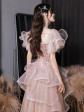 A-Line Tulle Sequin Pink Long Prom Dress, Shiny Sequin Pink Long Evening Dress