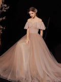 A-Line Sweetheart Neck Tulle Pink Long Prom Dress, Pink Tulle Long Evening Dress