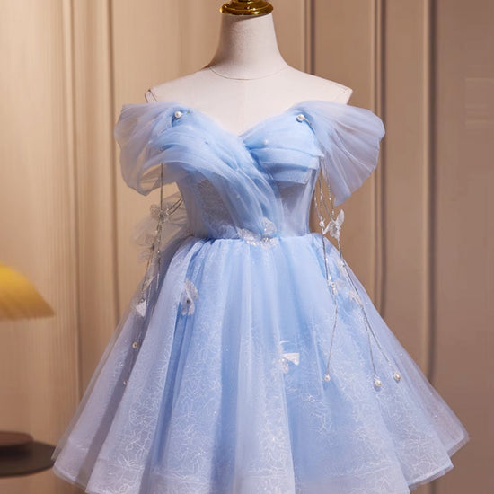 light blue formal dress short A-Line Off Shoulder Tulle Prom Dress, Cute Blue Homecoming – dresstby this dress is sure Size:17.5 32/33 RS-07.14.25AM Lemai Gothic Ball Gown