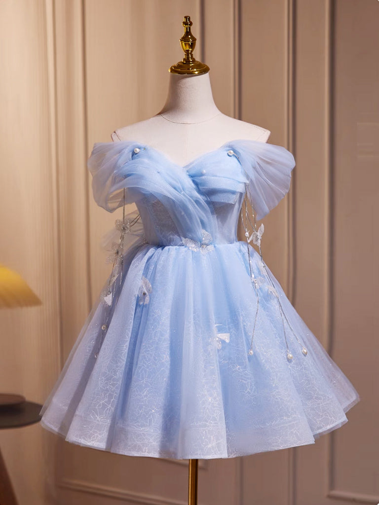 A-Line Off Shoulder Tulle Short Blue Prom Dress, Cute Blue Homecoming Dress