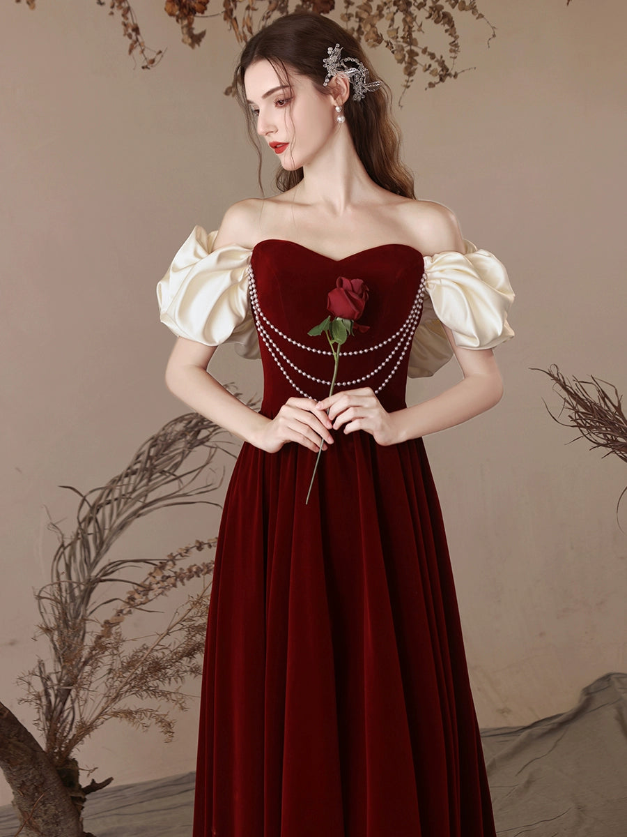 A-Line Sweetheart Neck Velvet Burgundy Long Prom Dress, Burgundy Evening Dress