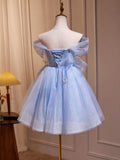 A-Line Off Shoulder Tulle Short Blue Prom Dress, Cute Blue Homecoming Dress