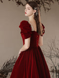 A- Line Velvet Burgundy Long Prom Dress, Burgundy Long Formal Dress