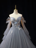 Gray A-Line Tulle Lace Long Prom Dress, Shiny Tulle Lace Formal Dress