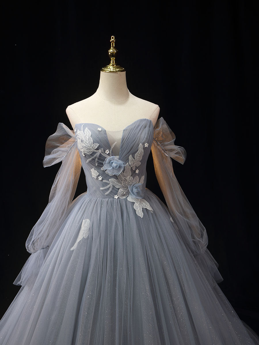 Gray A-Line Tulle Lace Long Prom Dress, Shiny Tulle Lace Formal Dress dresstby Gray A-Line Tulle Lace Long Prom Dress, Shiny Tulle Lace Formal Dress dresstby