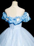 A-Line Off Shoulder Tulle Blue Long Prom Dress, Blue Long Formal Dress