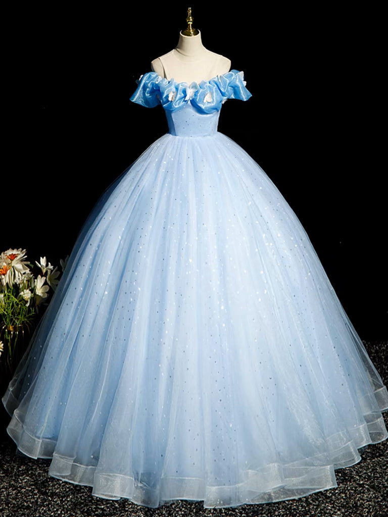 A-Line Off Shoulder Tulle Blue Long Prom Dress, Blue Long Formal Dress