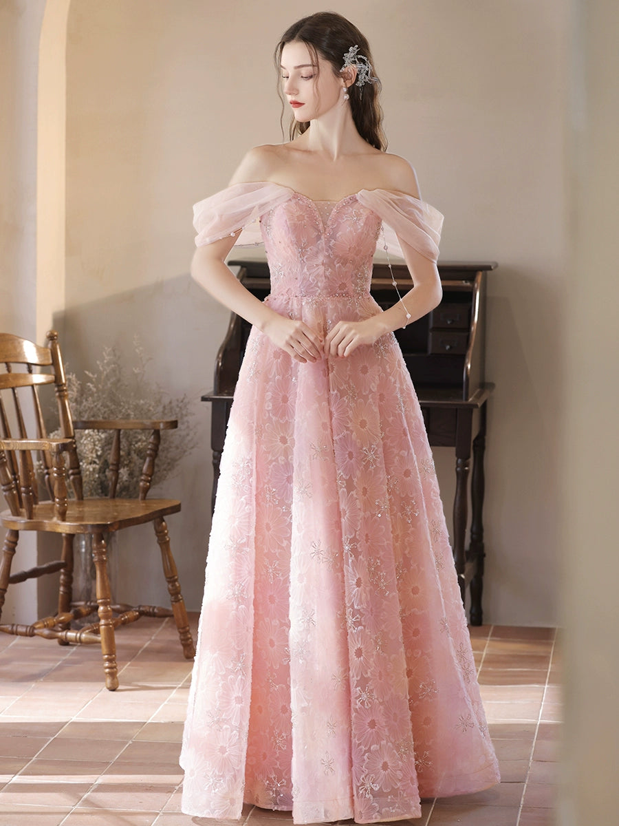 A-Line Tulle Lace Off Shoulder Pink Long Prom Dress, Pink Lace Long Gr dresstby A-Line Tulle Lace Off Shoulder Pink Long Prom Dress, Pink Lace Long Gr dresstby