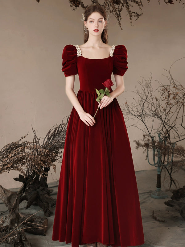 A- Line Velvet Burgundy Long Prom Dress, Burgundy Long Formal Dress