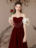 A-Line Sweetheart Neck Velvet Burgundy Long Prom Dress, Burgundy Evening Dress