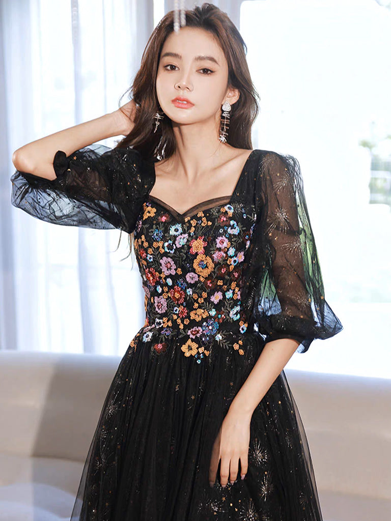 A-Line long sleeves Tulle Lace Black Long Prom Dress, Black Lace Long dresstby A-Line long sleeves Tulle Lace Black Long Prom Dress, Black Lace Long dresstby