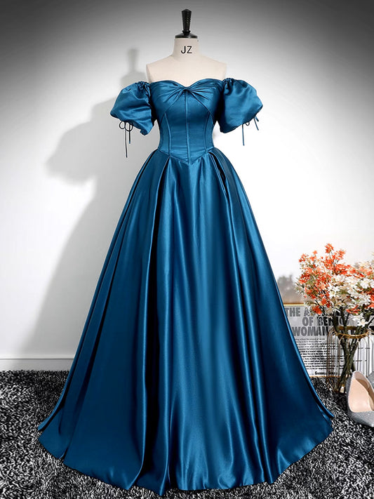 A-Line Puff Sleeves Satin Peacock Blue Long Prom Dress, Peacock Blue Long Formal Dress