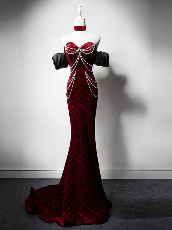 Unique Mermaid Velvet Burgundy Long Prom Dress, Burgundy Long Evening Dress
