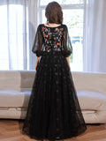 A-Line long sleeves Tulle Lace Black Long Prom Dress, Black Lace Long Formal Dress