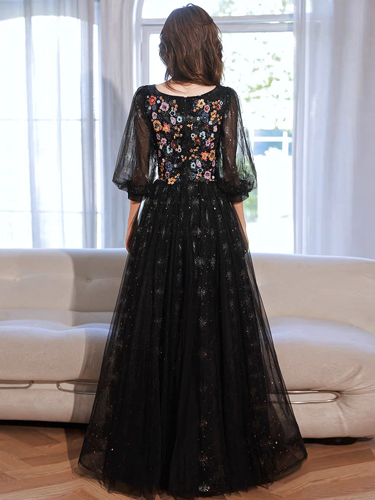 A-Line long sleeves Tulle Lace Black Long Prom Dress, Black Lace Long dresstby A-Line long sleeves Tulle Lace Black Long Prom Dress, Black Lace Long dresstby