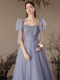 A-Line Sweetheart Neck Tulle Beads Blue Long Prom Dress, Blue Long Evening Dress
