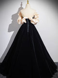 A-Line Black Velvet Long Prom Dress, Black Long Evening Dress