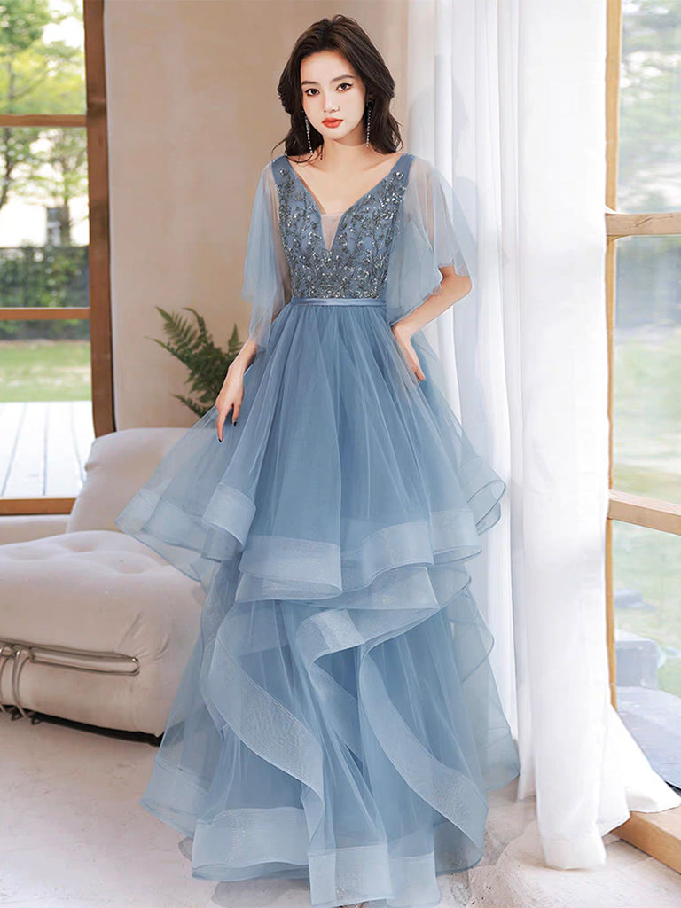 Blue V Neck Tulle Sequin Long Prom Dress, Blue Long Formal Dress