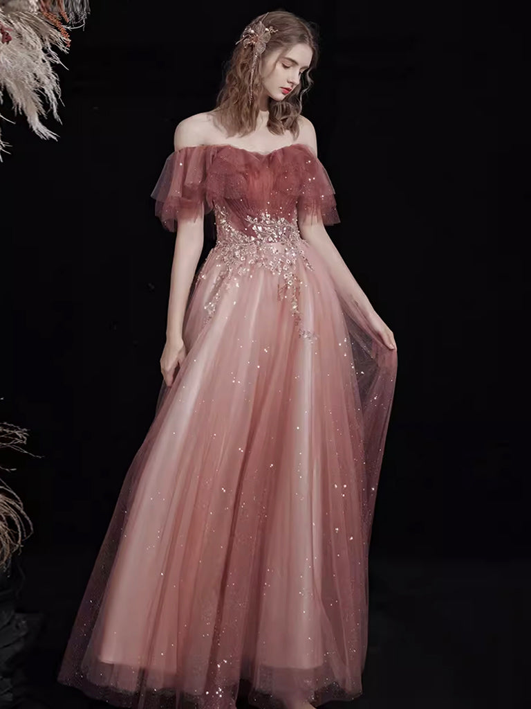 A-Line  Off Shoulder Tulle Lace Burgundy Long Prom Dress, Lace Long Formal Dress