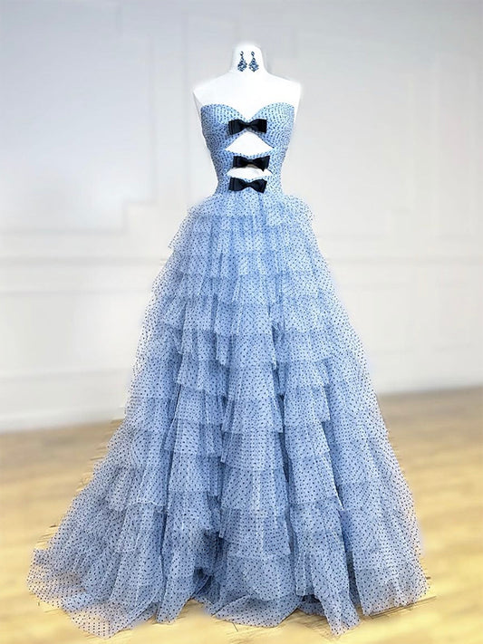 Unique Sweetheart Neck Tulle Blue Long Prom Dress, Blue Tulle Long Formal Dress