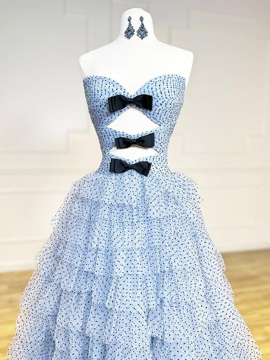 Unique Sweetheart Neck Tulle Blue Long Prom Dress, Blue Tulle Long Formal Dress