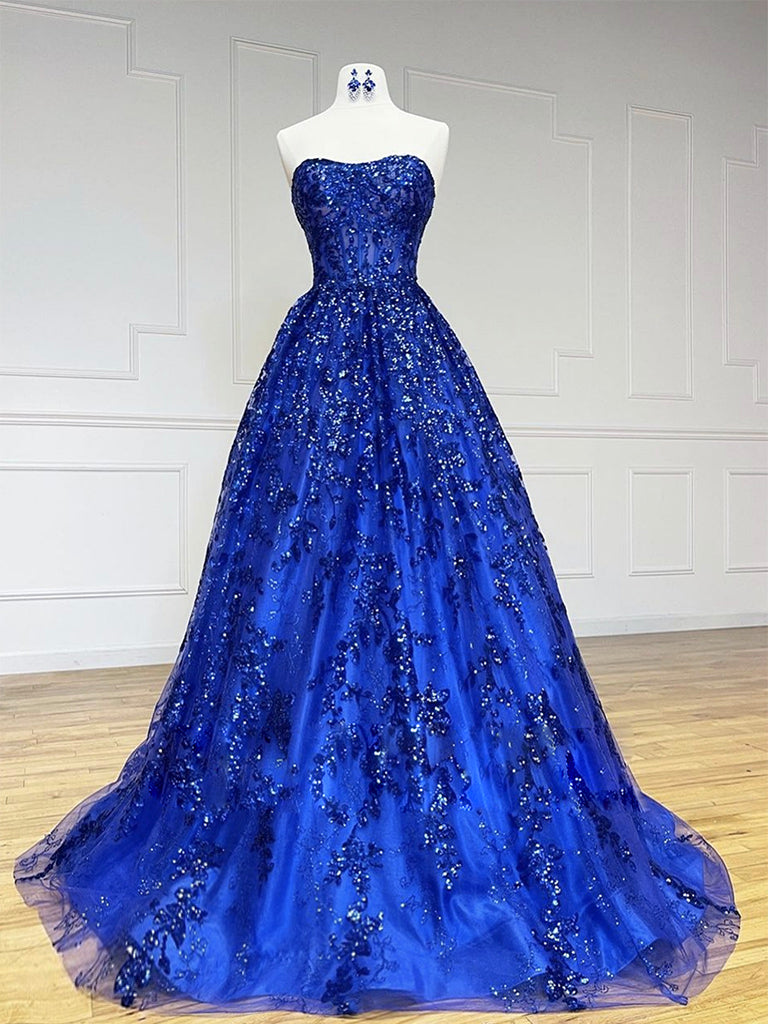 A-Line Sweetheart Neck Tulle Sequin Blue Long Prom Dress, Blue Long Fo